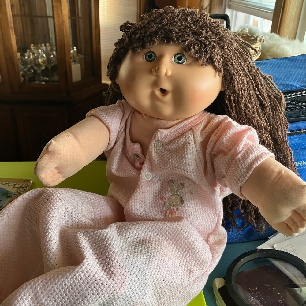 Cabbage Patch Doll, First Edition. Embroidered bunny rabbit on her pink pajamas!